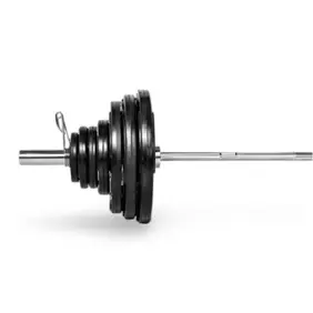 Centr x HYROX 7ft Olympic barbell with weight plates loaded, side view for strength training